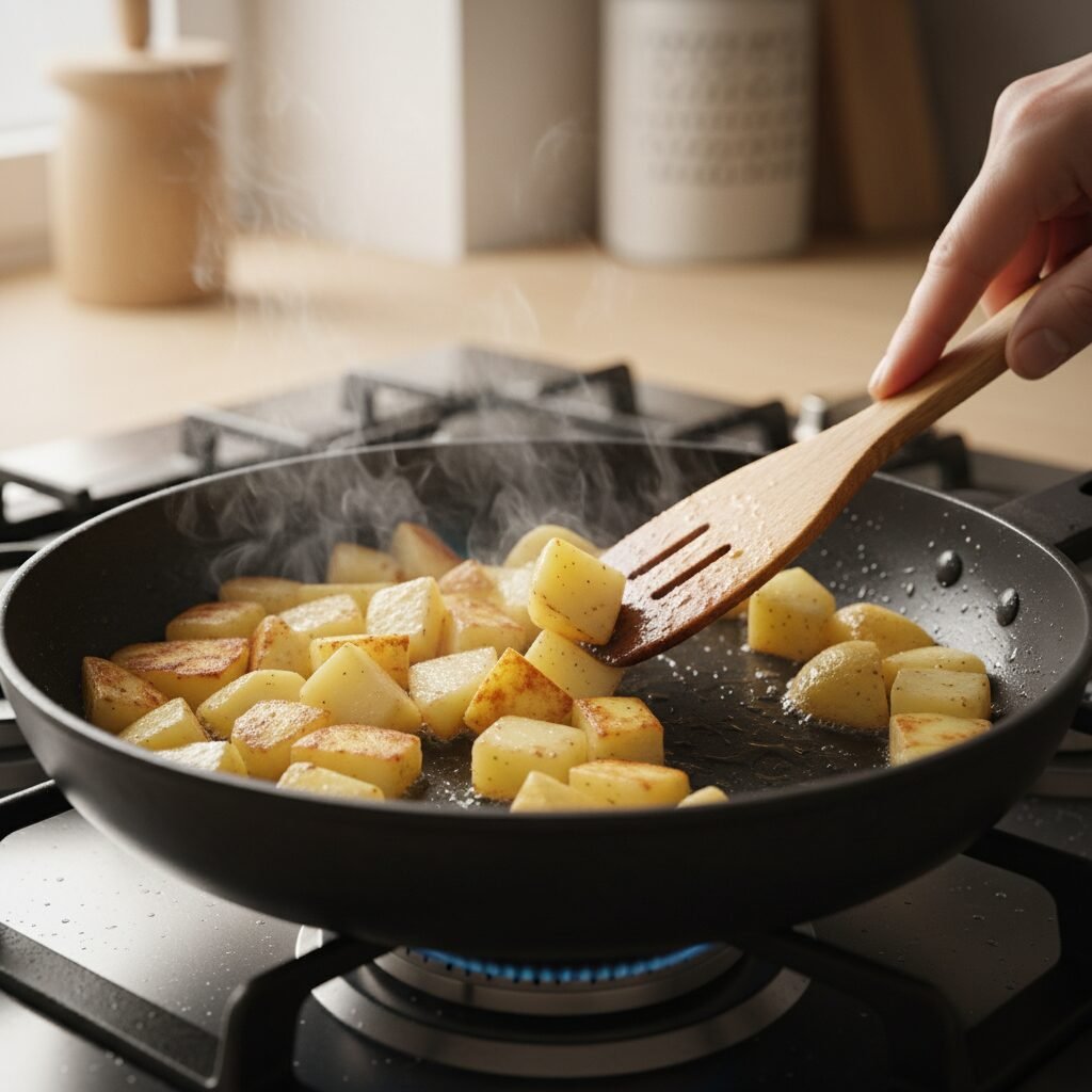 Photorealistic, close-up shot of potato cubes searing in a hot non-stick skillet