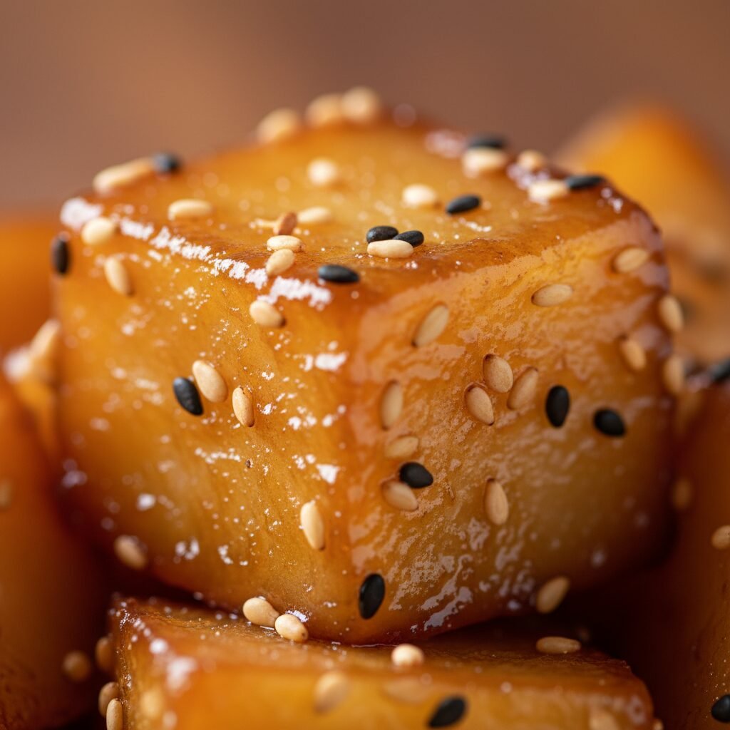 Photorealistic, extreme close-up of a single Gamja Jorim potato cube, showing th