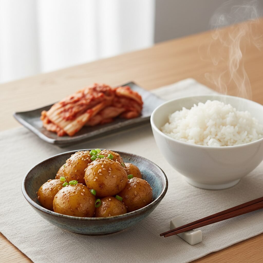 Photorealistic, beautifully plated Gamja Jorim served in a small, elegant cerami