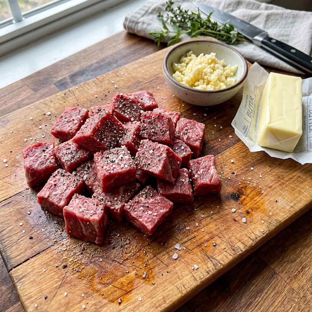 Photorealistic, overhead shot of raw sirloin steak cubes on a wooden cutting boa