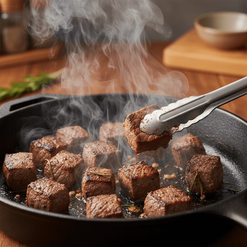 Photorealistic, close-up action shot of steak bites searing in a hot cast iron s
