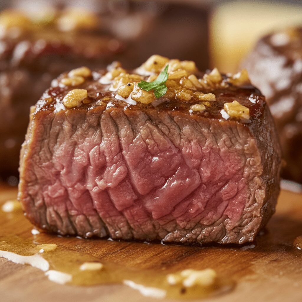 Photorealistic, extreme close-up of a single garlic butter steak bite, showing i