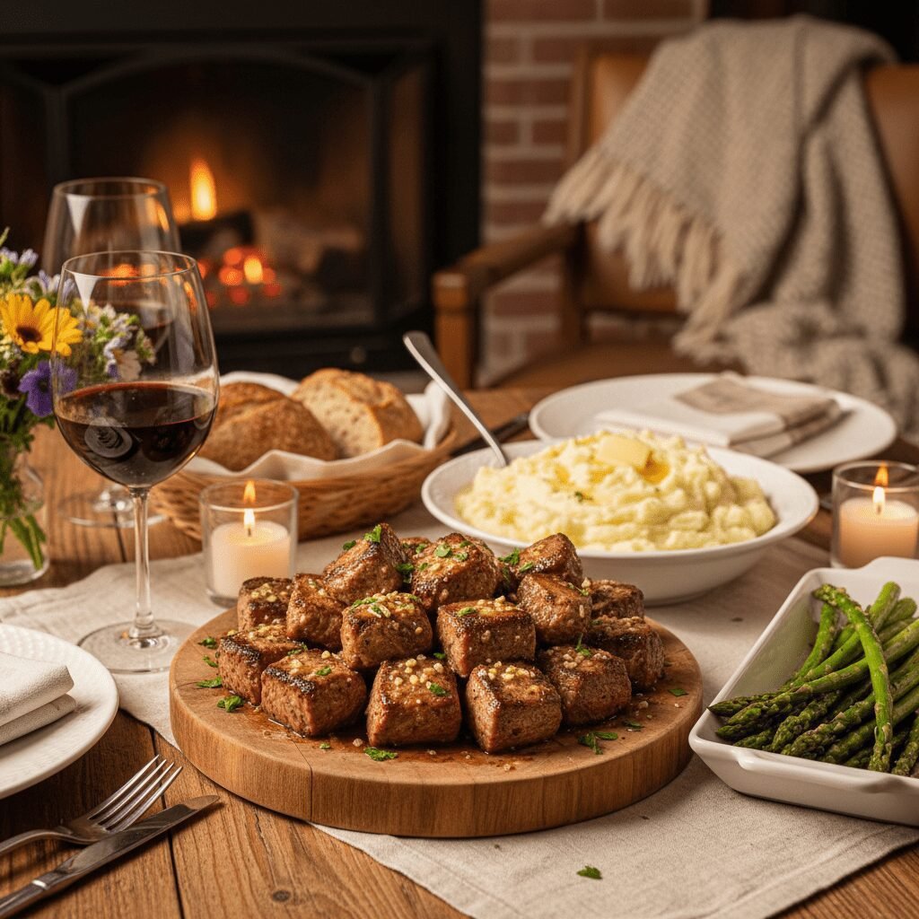 Photorealistic, a beautifully set dinner table featuring the Garlic Butter Steak
