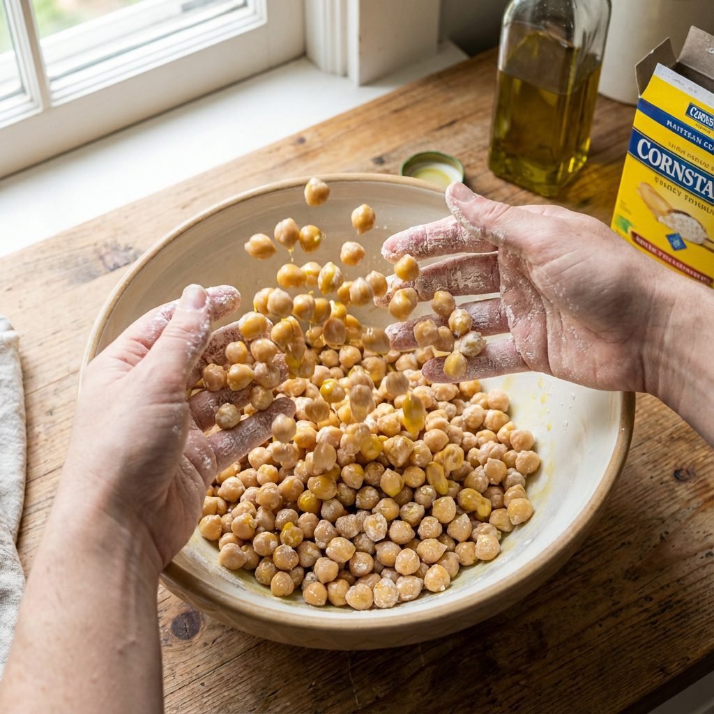 Photorealistic, overhead shot of a mixing bowl filled with rinsed and thoroughly