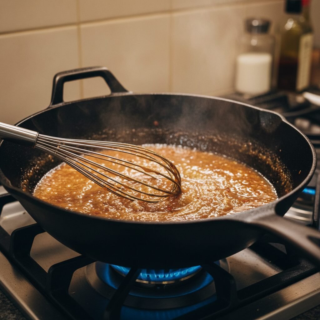 Photorealistic, close-up shot of a large skillet or wok on a stovetop, with the