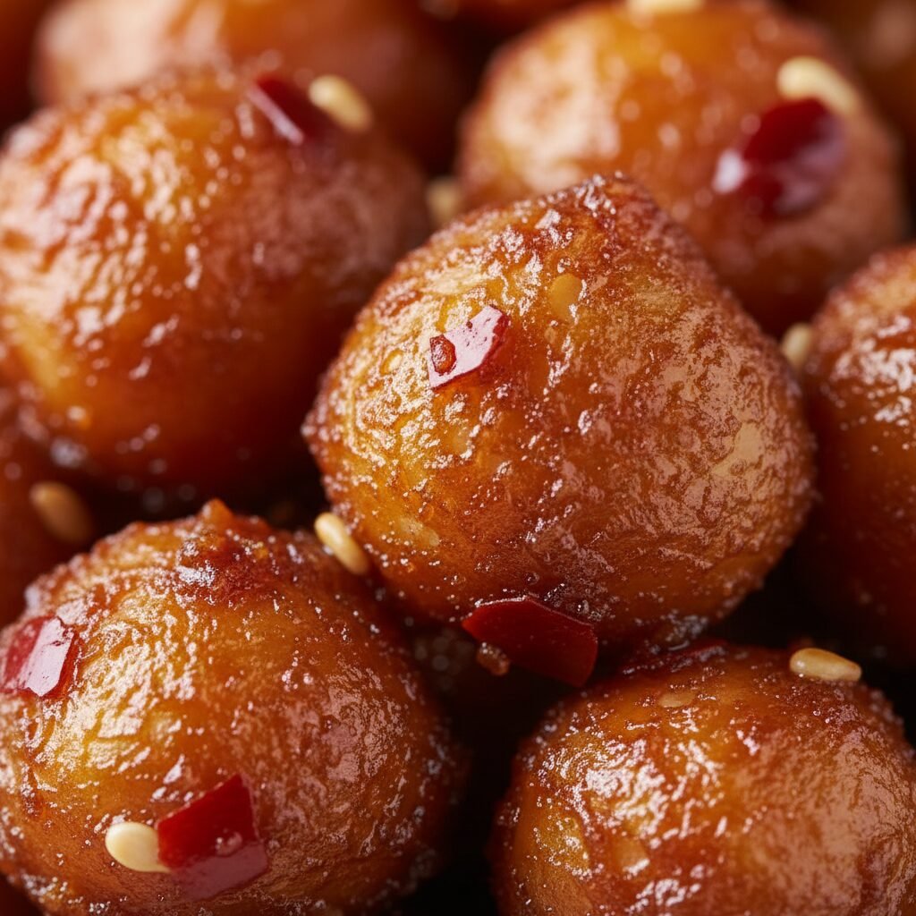 Photorealistic, extreme close-up of a few General Tso's Chickpeas, showing their