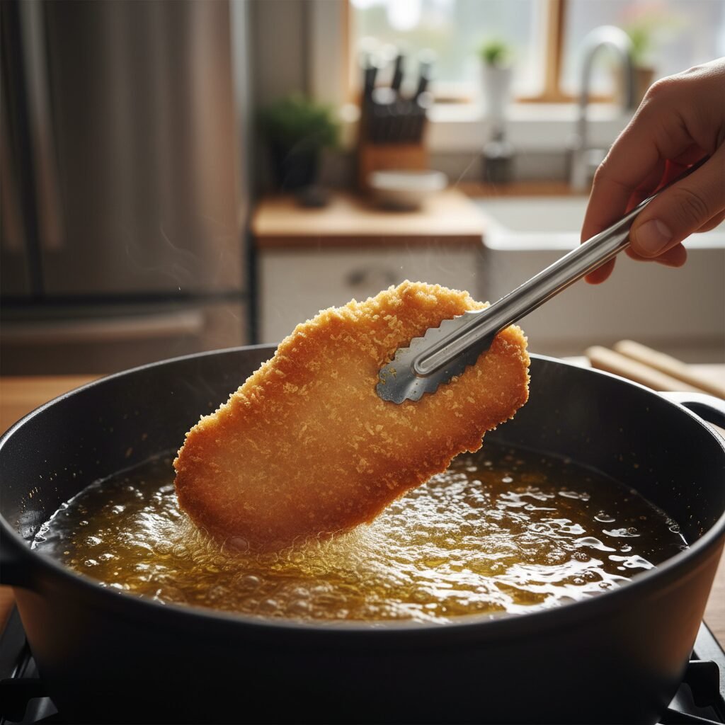 Photorealistic, close-up action shot of a hand carefully lowering a breaded pork