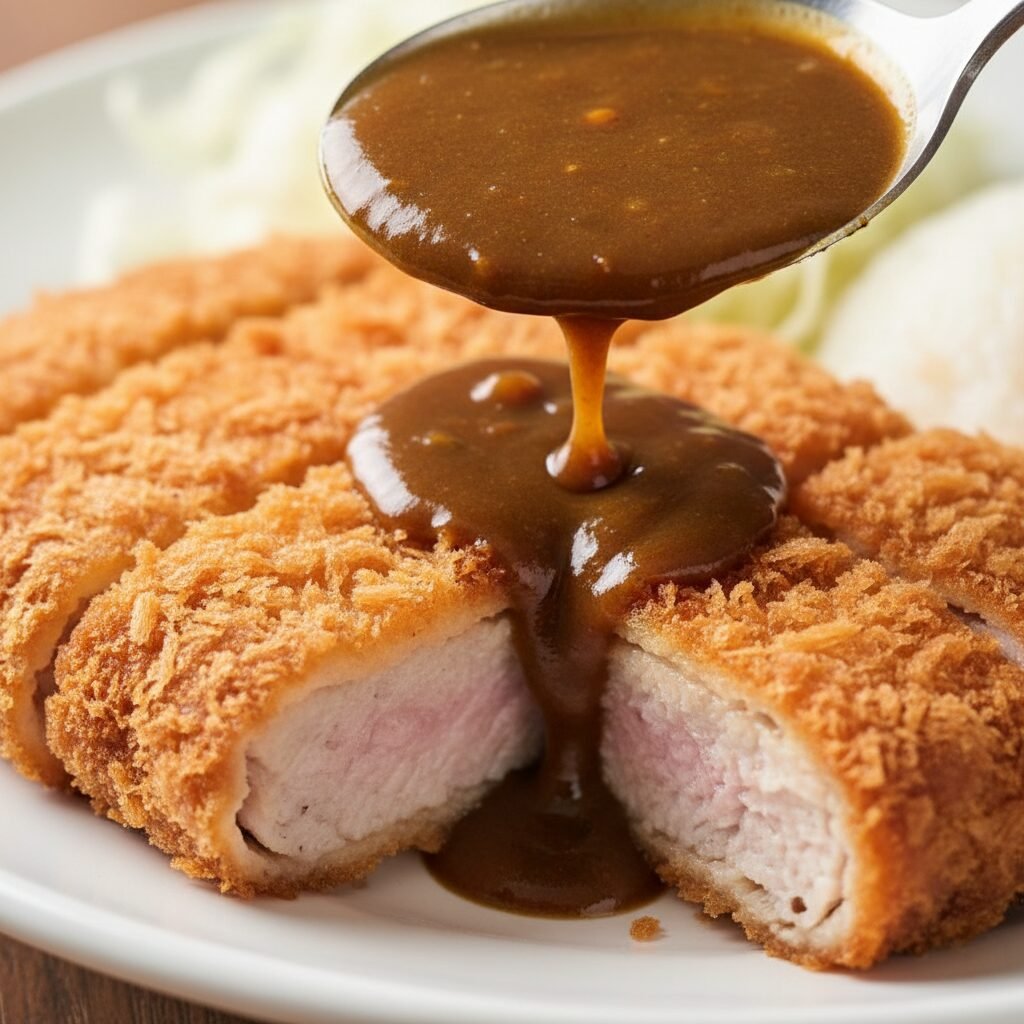 Photorealistic, extreme close-up of a sliced pork katsu, showing the incredibly