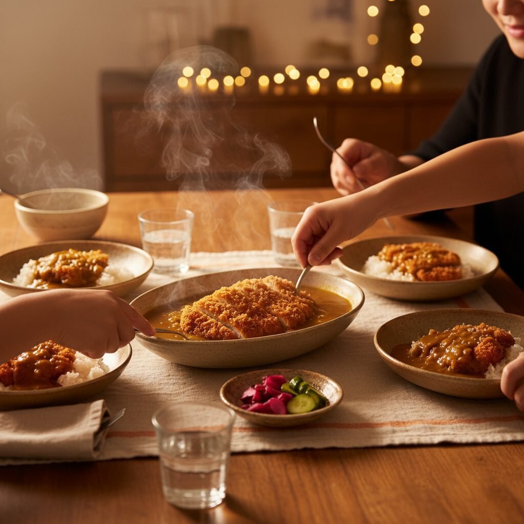 Photorealistic, warm and inviting scene of a family dinner table setting. Two ha