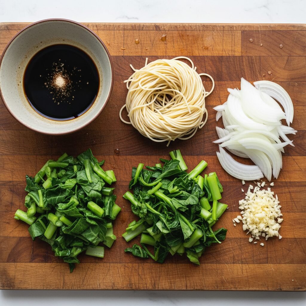 Photorealistic, overhead shot of fresh thin egg noodles, a bowl of mixed soy sau