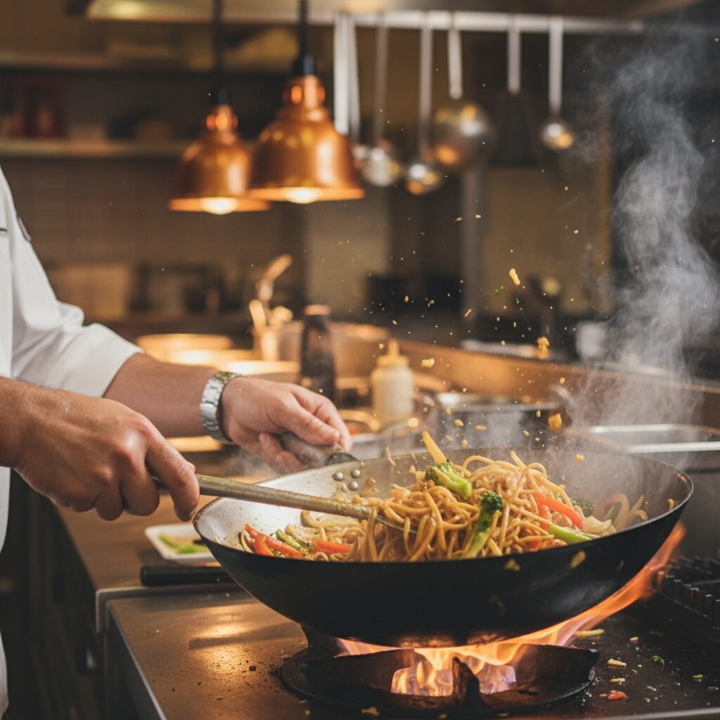 Photorealistic, action shot of a chef's hands (or a mom's hands) using a spatula