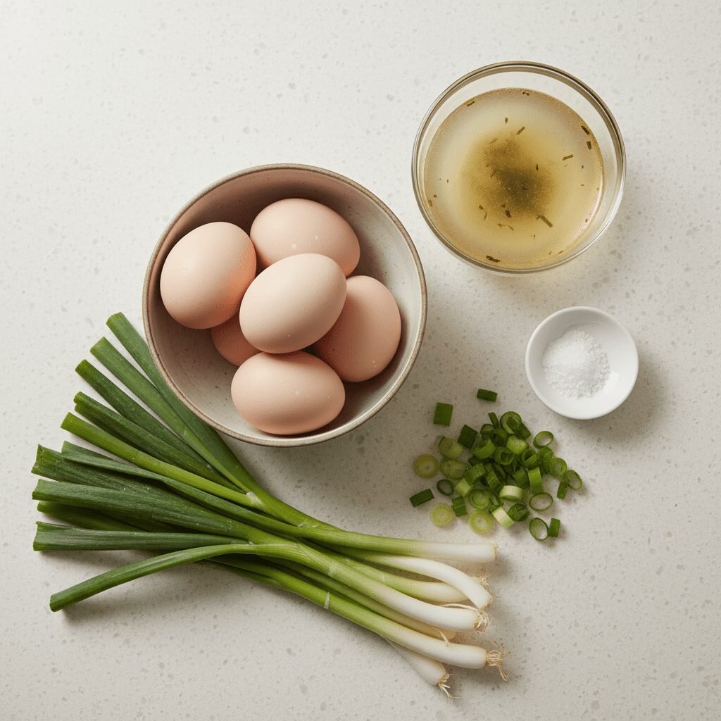 Photorealistic, overhead shot of raw ingredients for Korean steamed eggs: a bowl