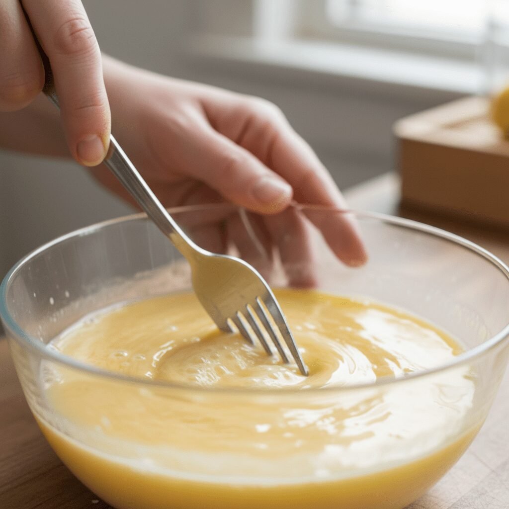 Photorealistic, close-up action shot of a hand gently whisking eggs, water, and 