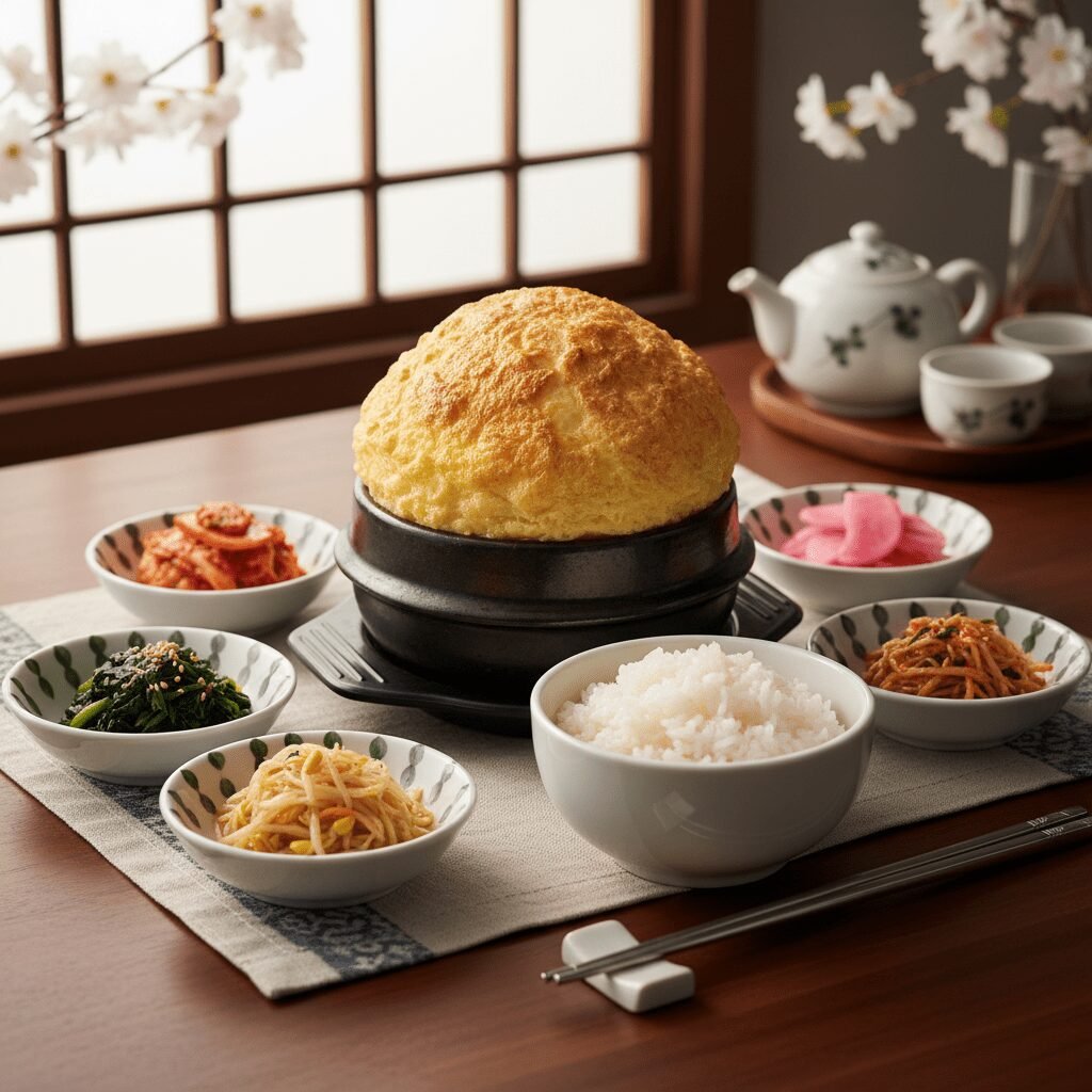 Photorealistic, beautifully styled table setting featuring the giant fluffy Kore