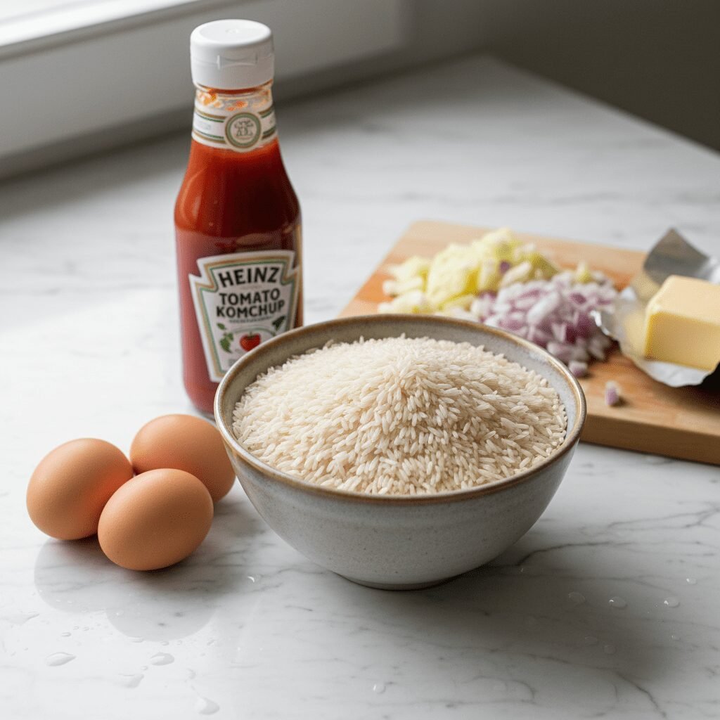 Photorealistic close-up of raw ingredients on a marble counter: a bowl of white 