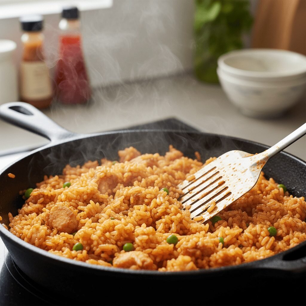 Photorealistic action shot of a spatula mixing red ketchup fried rice in a black