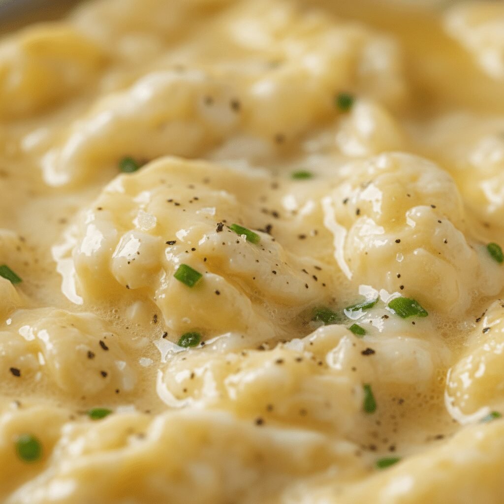 Macro photography shot of the texture of the soft-scrambled egg, showing the cre