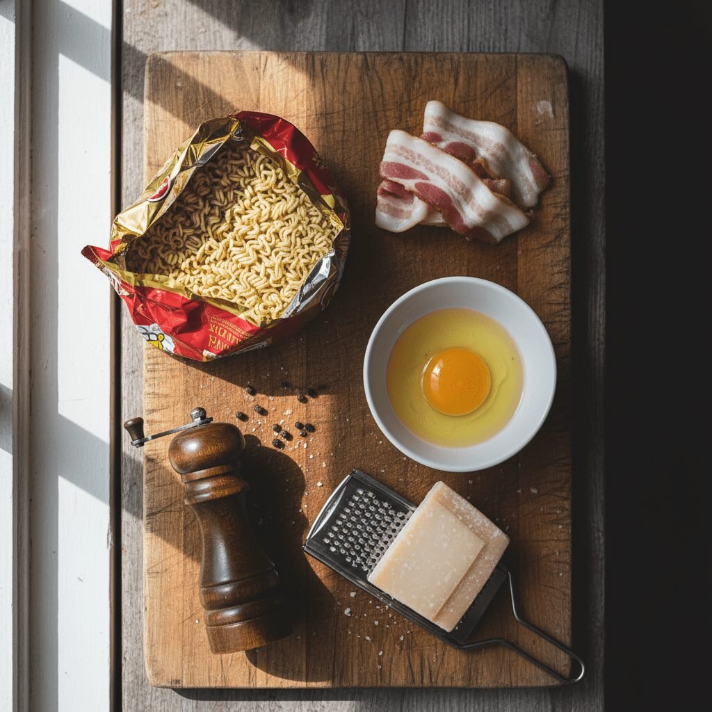 Photorealistic, overhead shot of all the raw ingredients laid out neatly on a ru