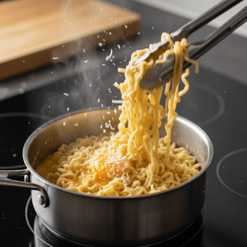 Photorealistic, close-up shot of hot, drained instant noodles being tossed vigor