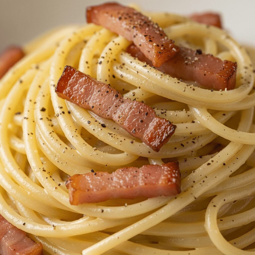 Photorealistic, extreme close-up of the creamy carbonara noodles, highlighting t