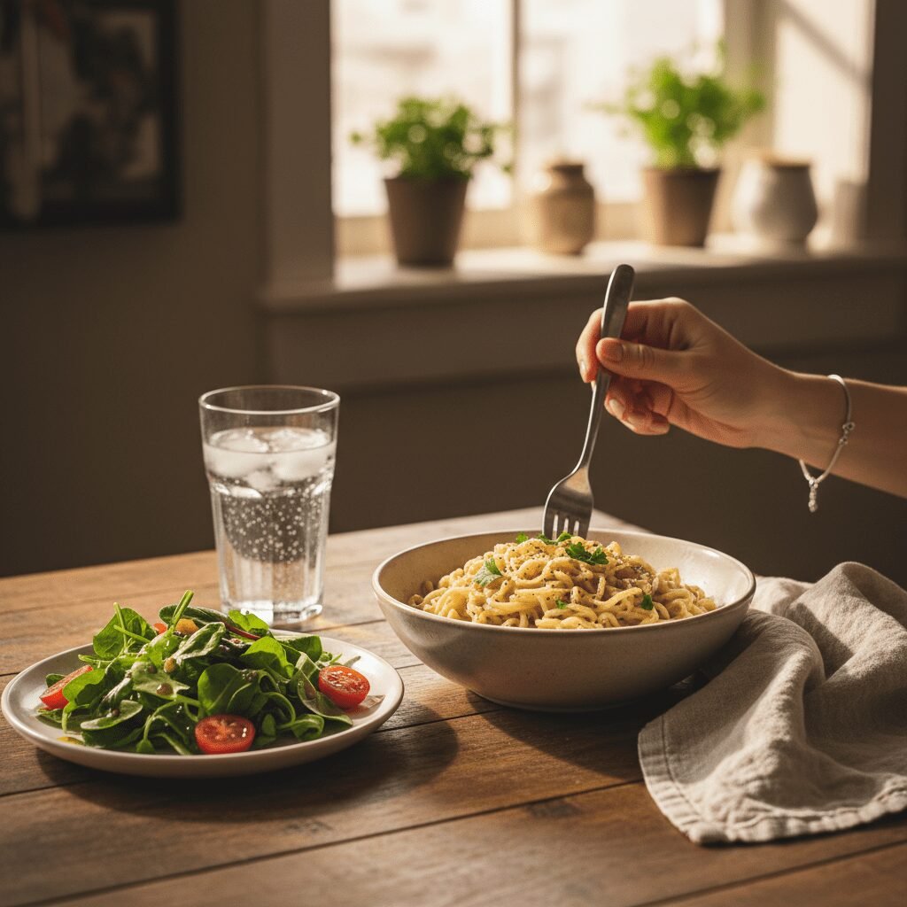 Photorealistic, lifestyle shot of the finished Instant Noodle Carbonara served o
