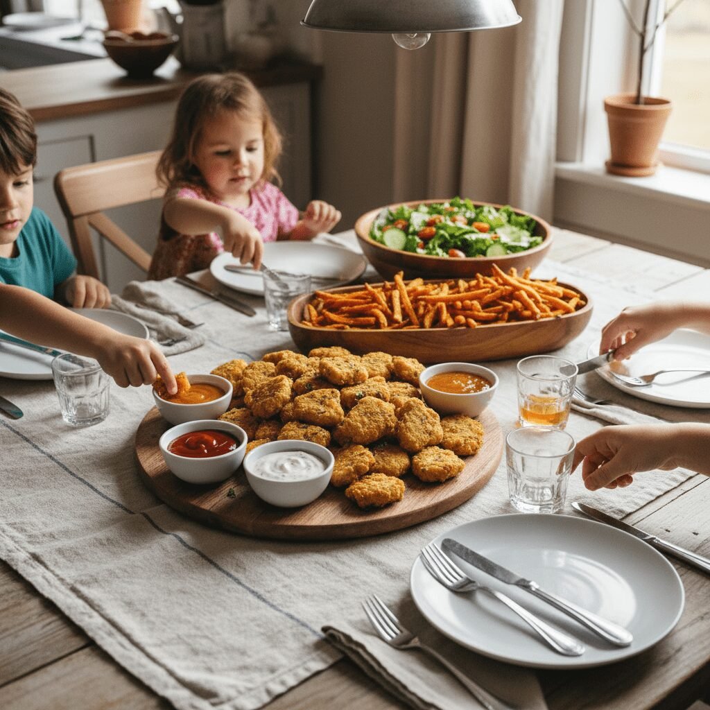 Photorealistic, high-end food photography of a family-style dinner table setting