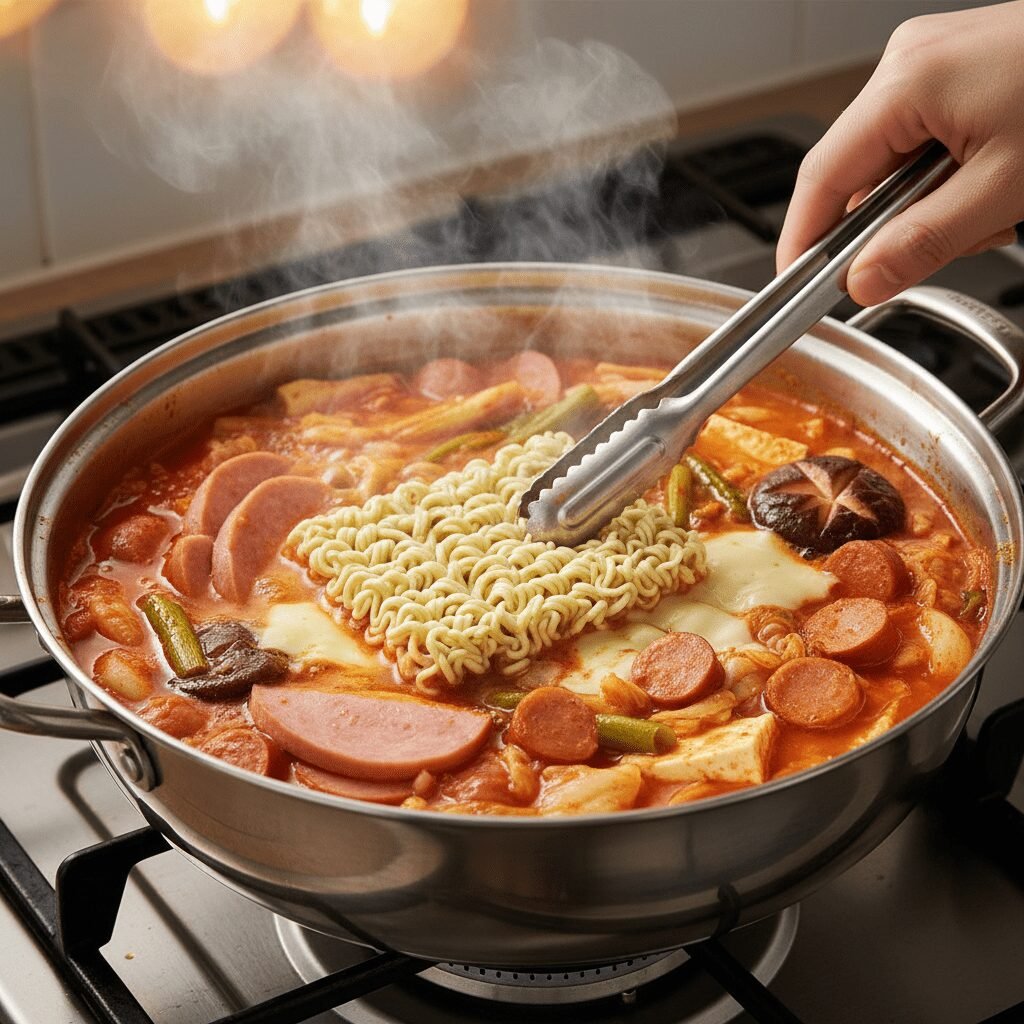 Photorealistic, close-up shot of the Budae Jjigae simmering in a pot on the stov
