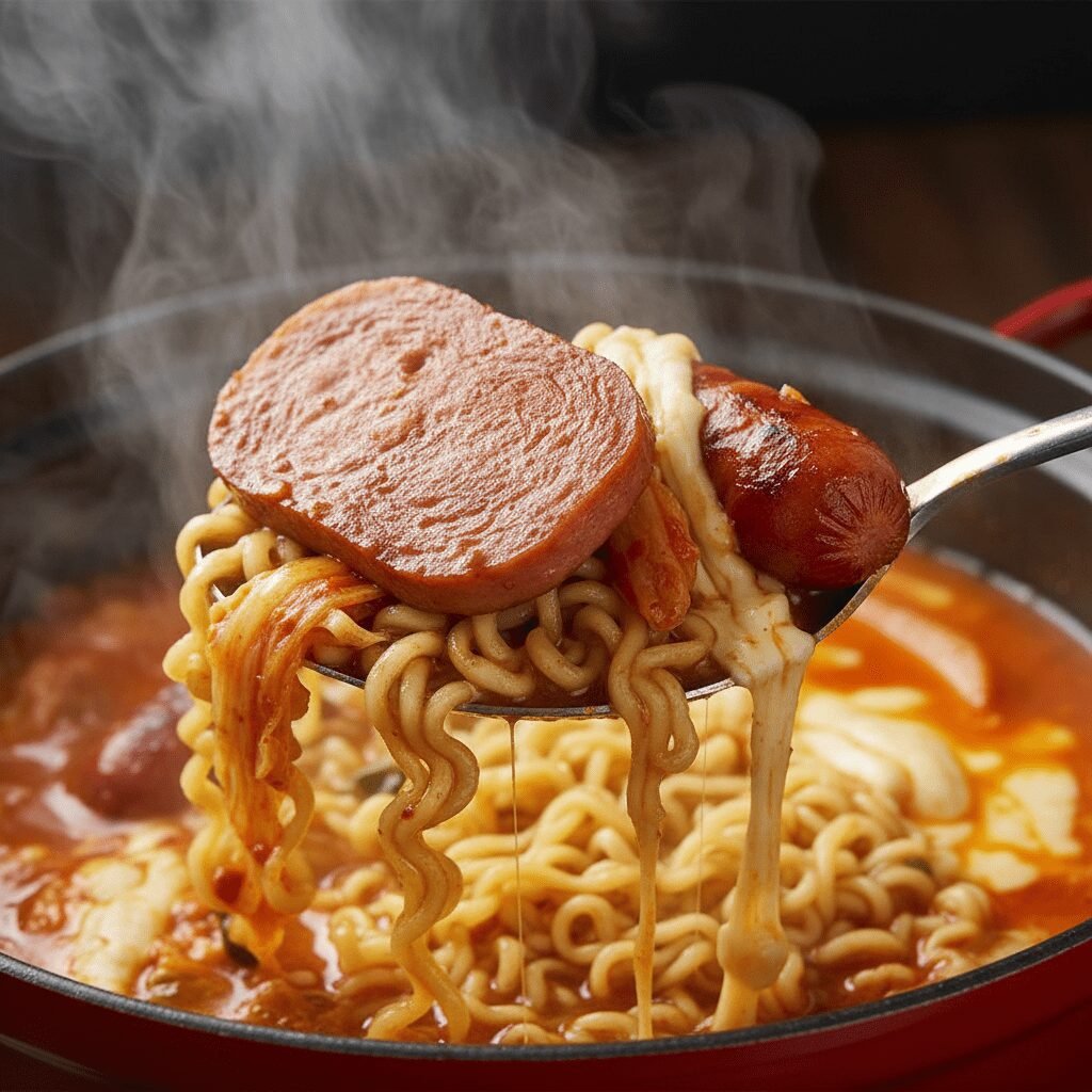 Photorealistic, extreme close-up shot of a spoonful of Budae Jjigae being lifted