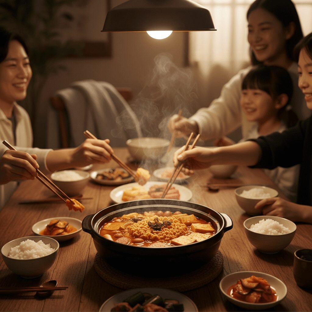 Photorealistic, cozy family dinner scene with a pot of Budae Jjigae as the cente
