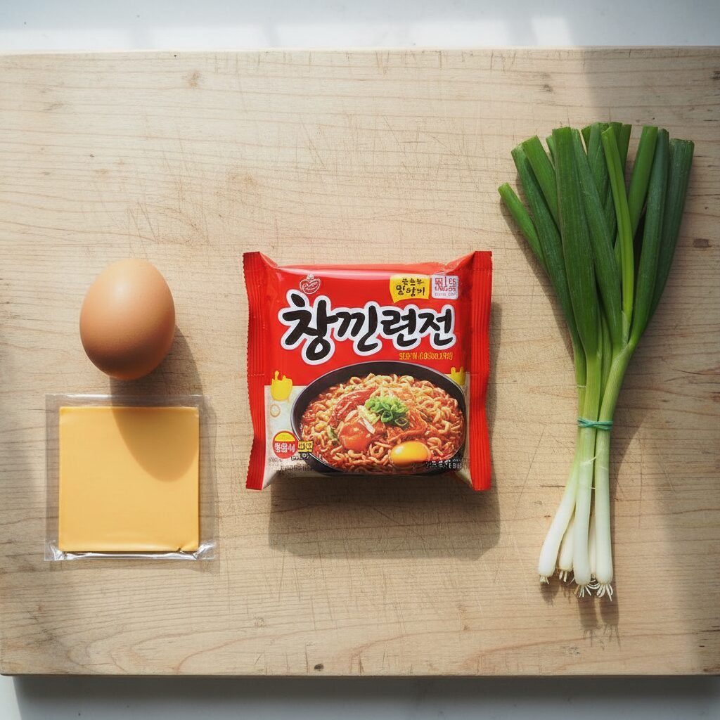 Photorealistic, overhead shot of all the raw ingredients laid out neatly on a cl