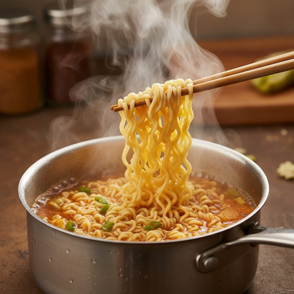 Photorealistic, close-up action shot of the instant ramen noodles simmering in a