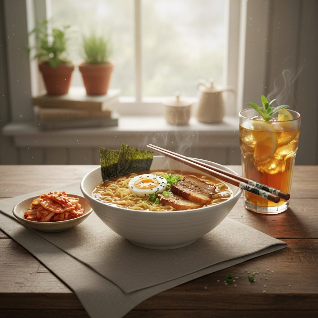 Photorealistic, beautifully styled shot of the finished Kujirai Ramen bowl on a 