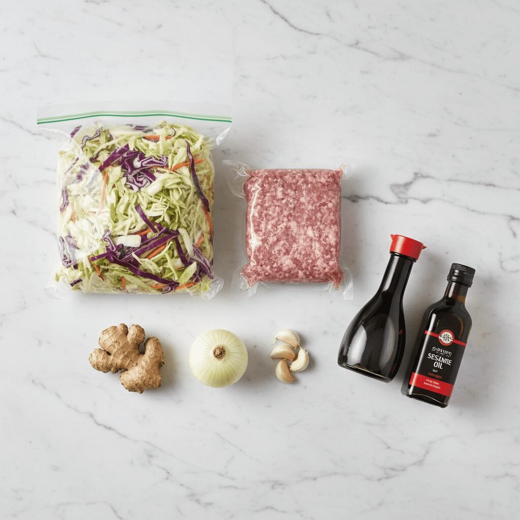 Photorealistic, overhead shot of raw ingredients for Low Carb Egg Roll in a Bowl