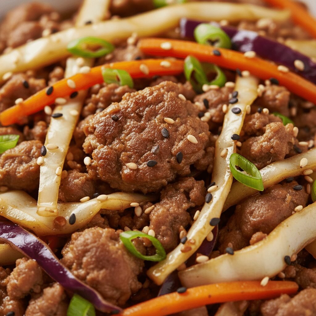 Photorealistic, extreme close-up shot of the cooked Low Carb Egg Roll in a Bowl,