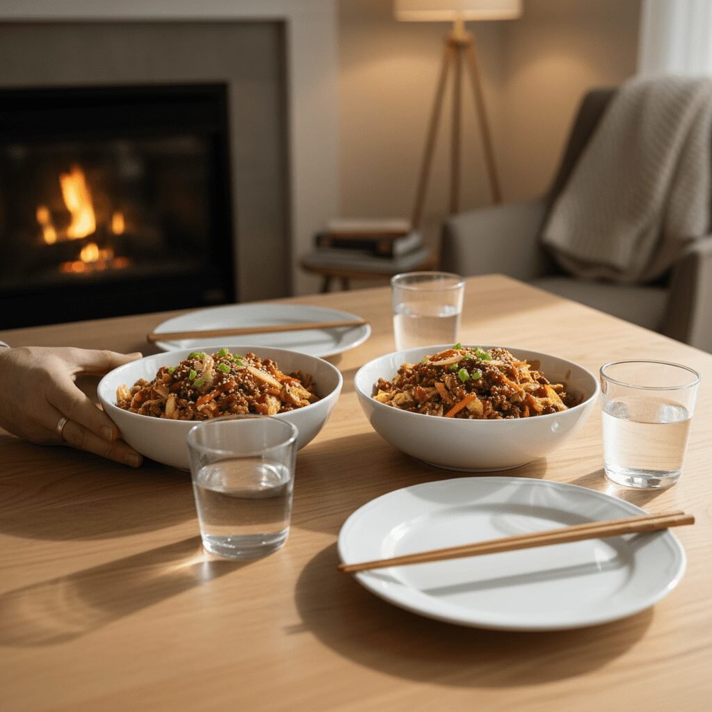 Photorealistic, lifestyle shot of a beautifully set dinner table with two bowls 