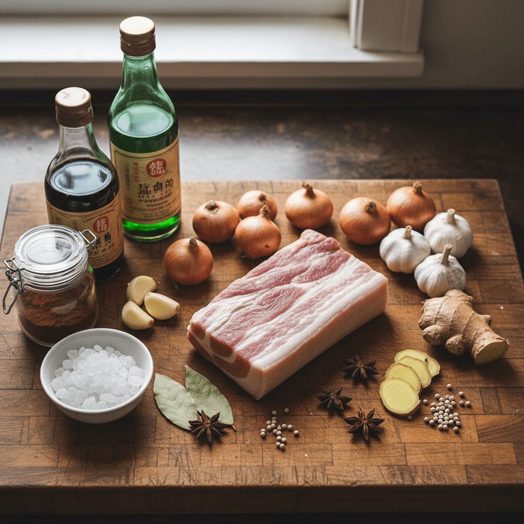 Photorealistic, high-angle shot of raw ingredients for Lu Rou Fan laid out on a 