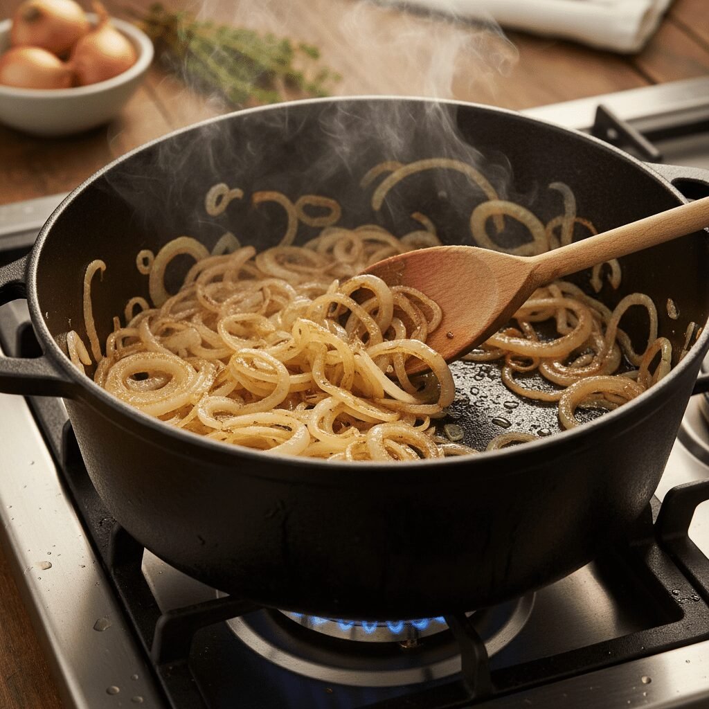 Photorealistic, close-up shot of thinly sliced shallots being sautéed in a large