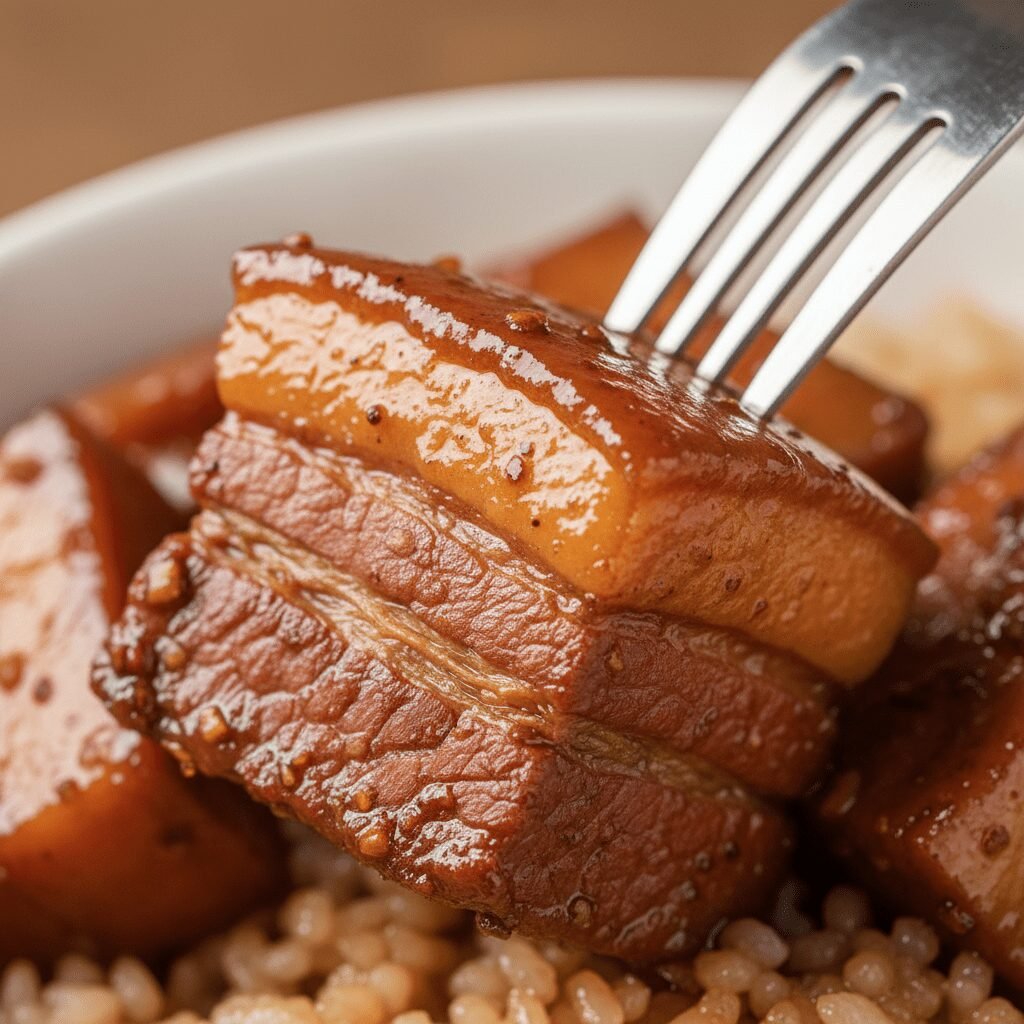 Photorealistic, extreme close-up of a piece of braised pork belly from Lu Rou Fa