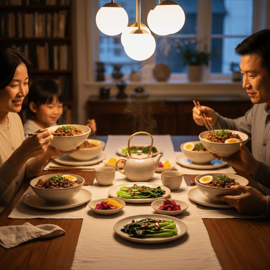 Photorealistic, beautifully styled dinner table setting featuring a family enjoy