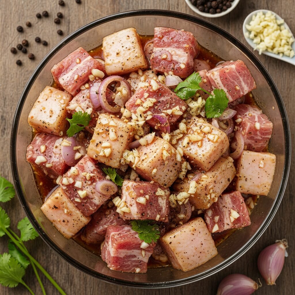Photorealistic, top-down shot of raw pork belly cubes marinating in a bowl with 