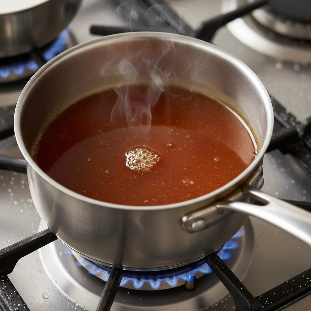 Photorealistic, close-up shot of a small saucepan on a stovetop, showing sugar a