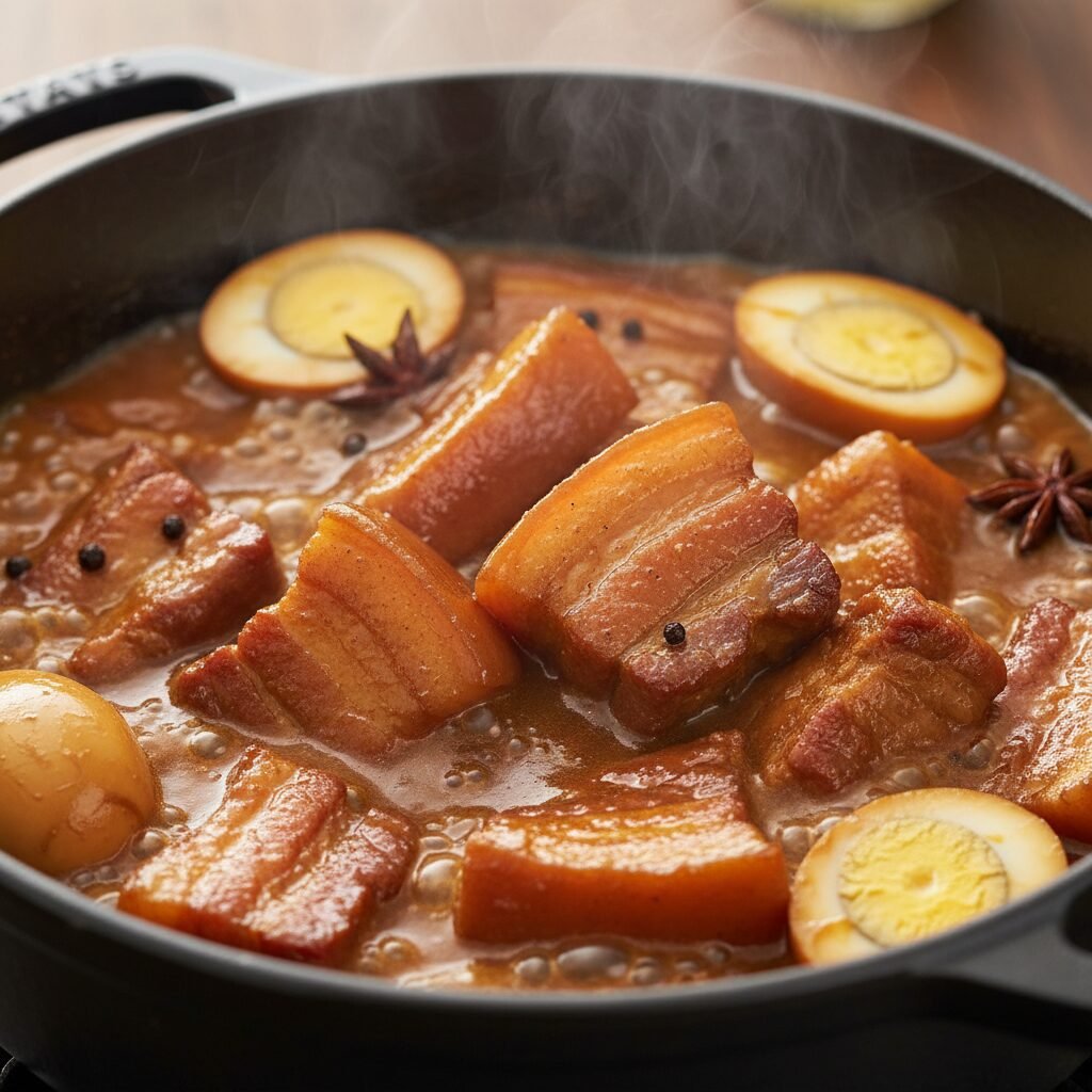 Photorealistic, a close-up of the braising pot, showing the pork belly and hard-