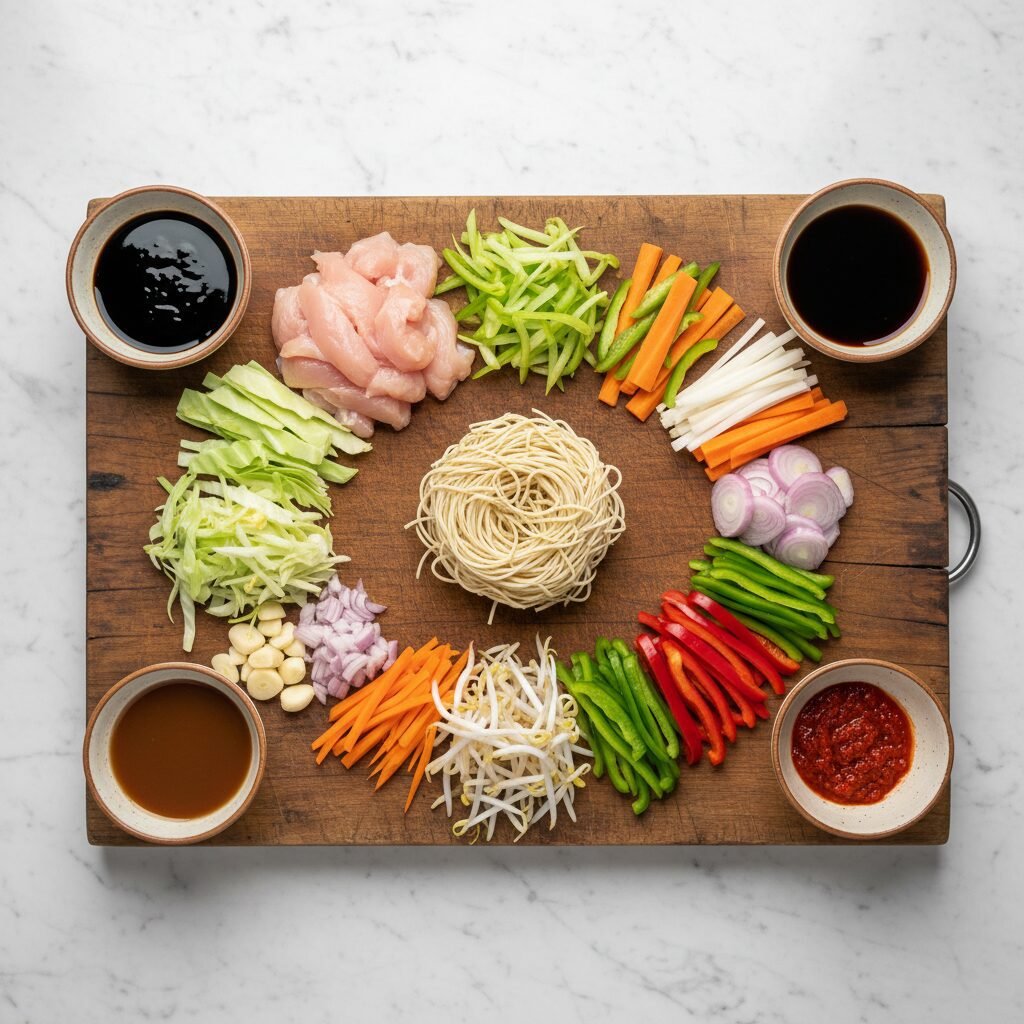 Photorealistic, overhead shot of all raw ingredients for Mie Goreng neatly arran