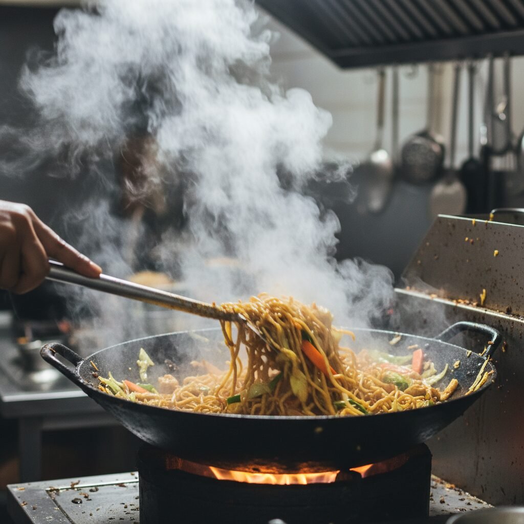 Photorealistic, dynamic action shot of Mie Goreng being stir-fried in a large, h