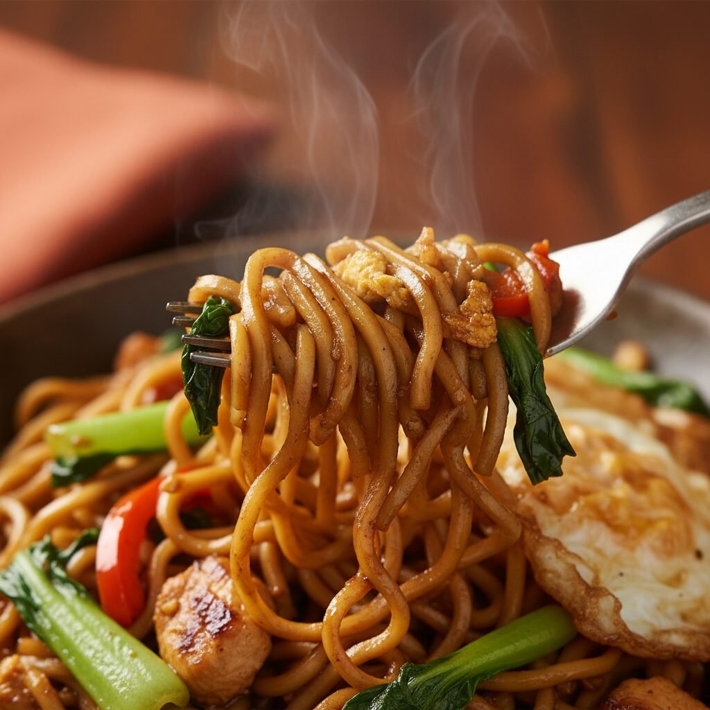 Photorealistic, extreme close-up shot of a fork twirling a generous portion of M