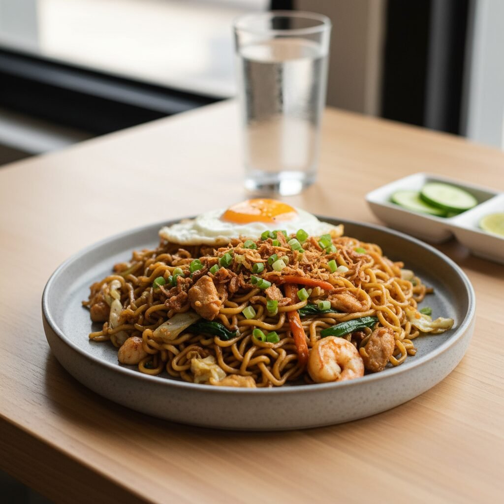 Photorealistic, beautifully plated Mie Goreng on a modern ceramic plate, garnish