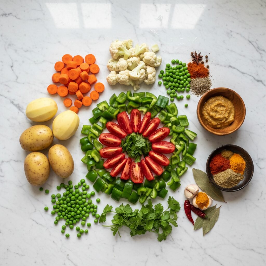 Photorealistic, overhead shot of a colorful array of fresh, raw ingredients for 
