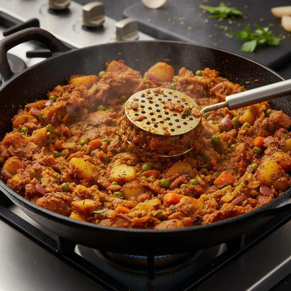 Photorealistic, close-up shot of a large deep pan on a stovetop, with a potato m