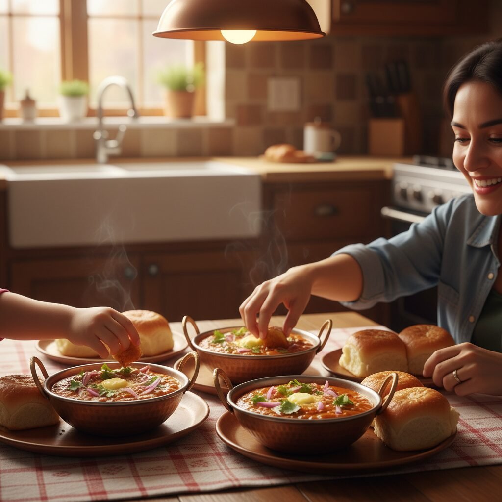 Photorealistic, a cozy family dinner table setting with individual servings of P