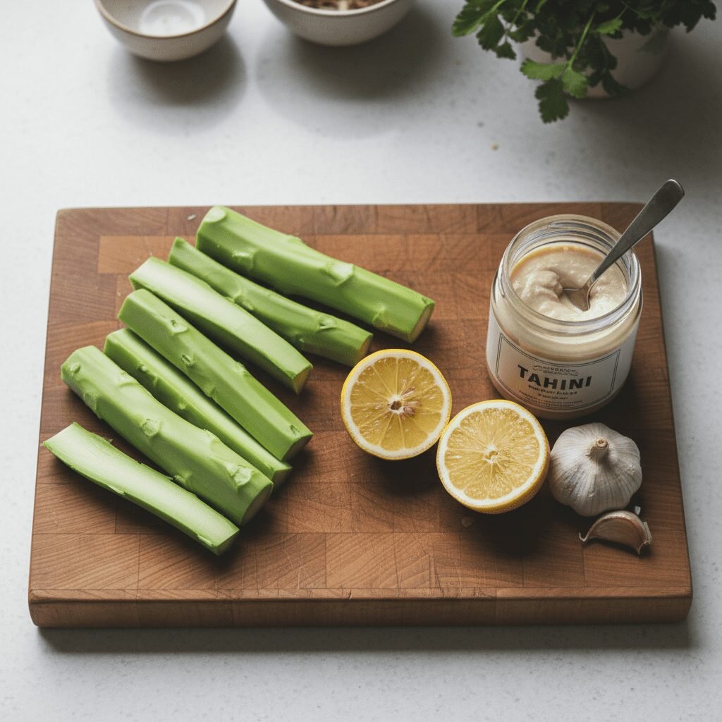 Photorealistic, overhead shot of a cutting board with raw, peeled broccoli stems